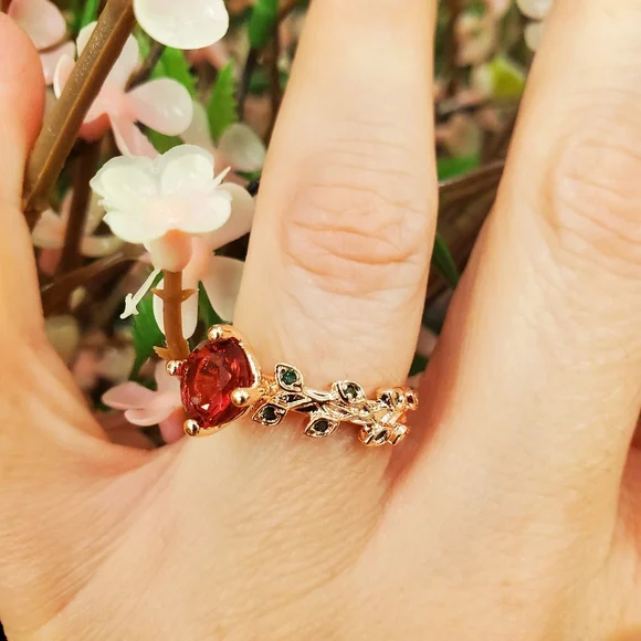 Grand Romantic Gesture Red Ruby Rose Emerald Green Leaf Gemstone 925 Golden Ring - Picture 7 of 16